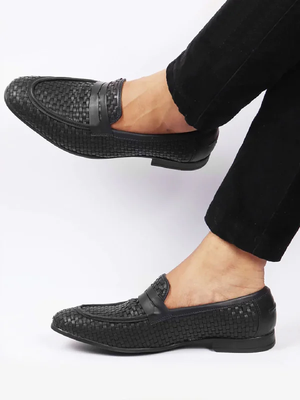 men casual shoes for travel-Men stylish loafers for casual wearMen Black Hand Knitted Design Penny Loafer Slip On Shoes