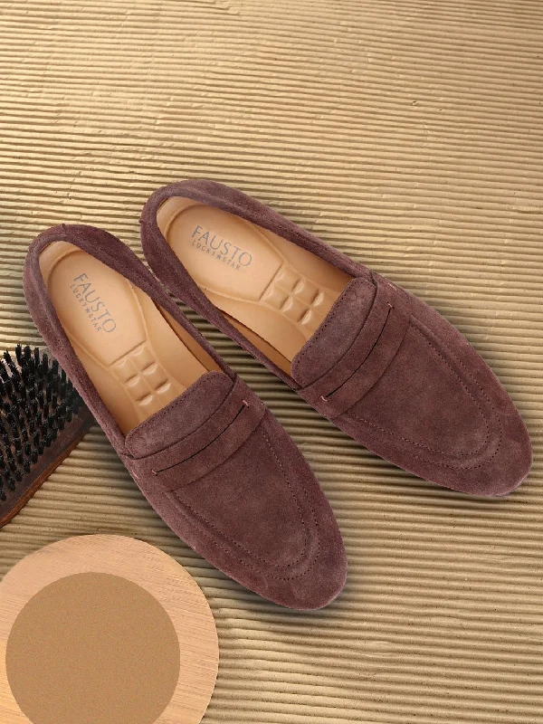 men casual shoes in tan color-Men summer casual shoes for warm weatherMen Brown Suede Leather Outdoor Penny Loafer Shoes