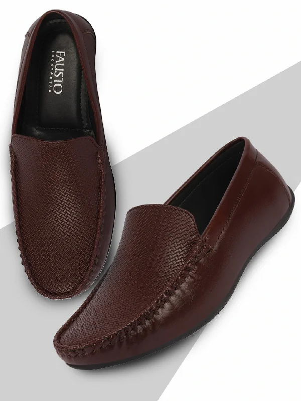 men casual shoes with breathable insole-Men casual shoes with faux leather uppersBasics Men Brown Textured Print Side Stitched Casual Slip On Loafers and Moccasin Shoes