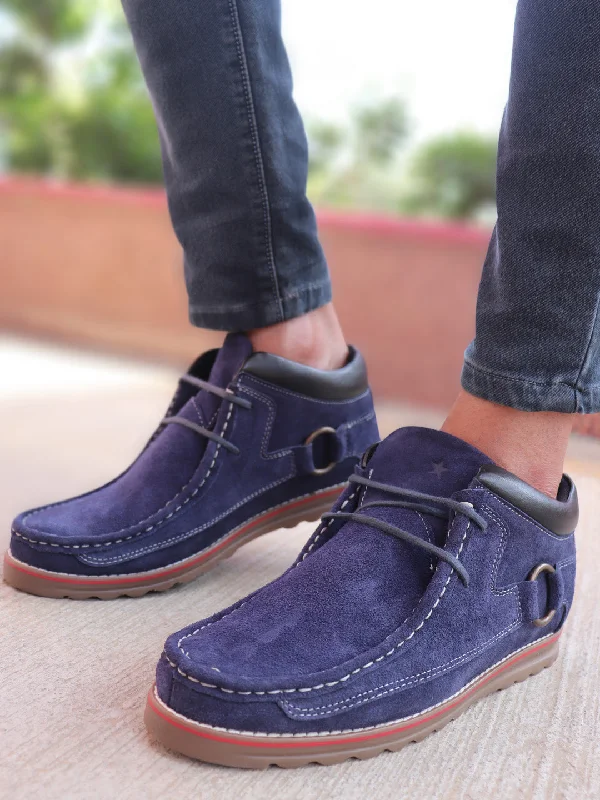 men casual shoes with stylish design-Fashion-forward men casual shoesMen Navy Blue Suede Leather Mid Ankle Lace Up Casual Shoes