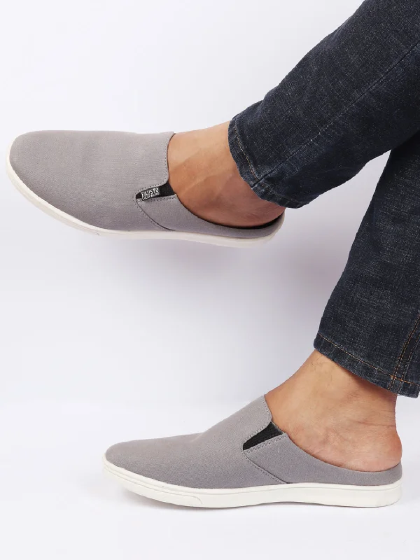 men casual shoes with memory foam footbed-Versatile men casual shoesMen Grey Casual Back Open Canvas Stylish Slip On Shoes