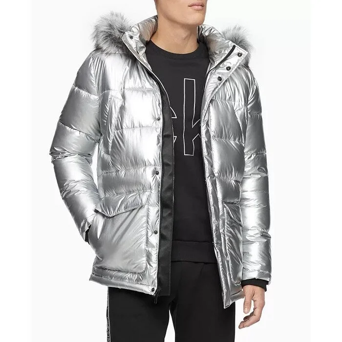 men clothing bomber jacket-Calvin Klein Men's Metallic Puffer Parka With Faux Fur Trim Silver Size Medium