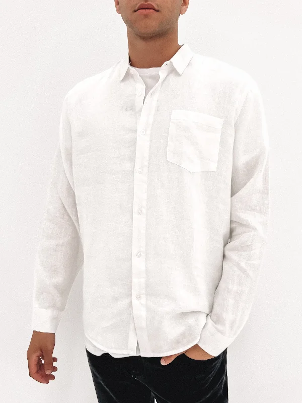 men clothing fall fashion trends-Linen Long Sleeve Shirt White