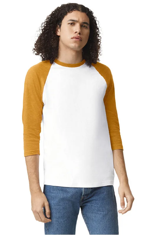 men clothing short jacket-American Apparel Mens CVC Raglan 3/4 Sleeve Crewneck T-Shirt - White/Heather Mustard Yellow