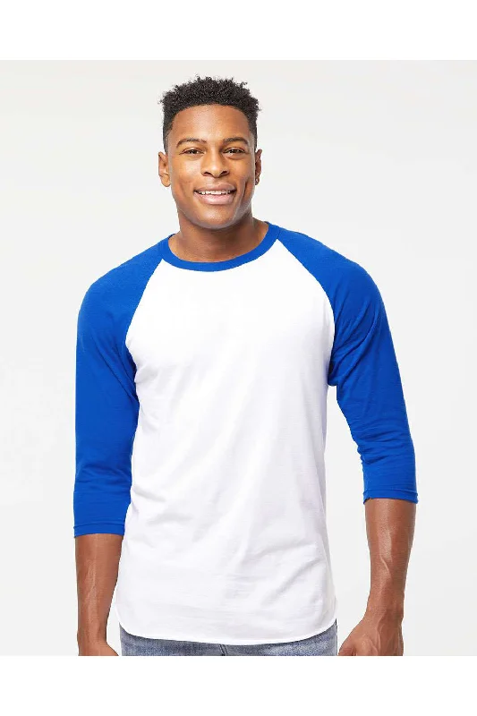 men clothing leather jacket-Tultex Mens Fine Jersey Raglan 3/4 Sleeve Crewneck T-Shirt - White/Royal Blue