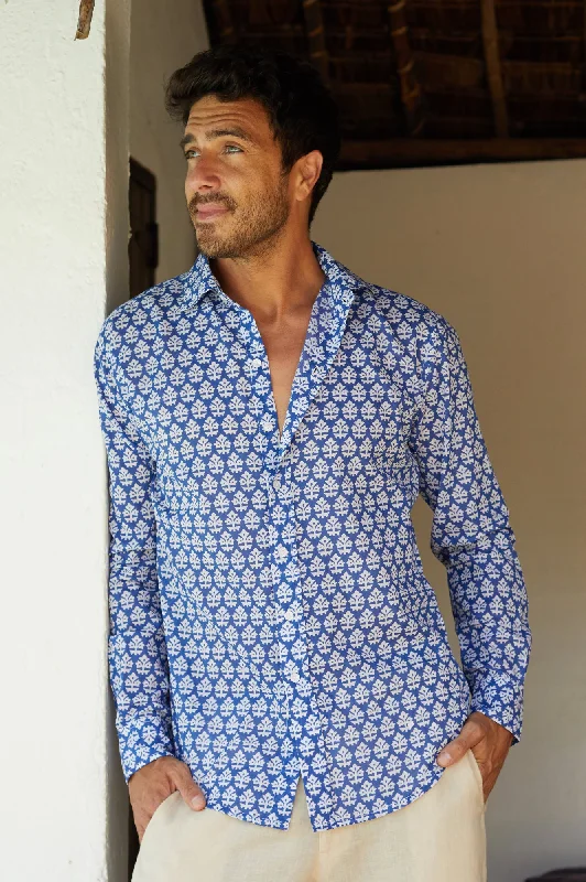 men clothing summer shorts-Men's Printed Cotton Shirt | Batik Blue/White