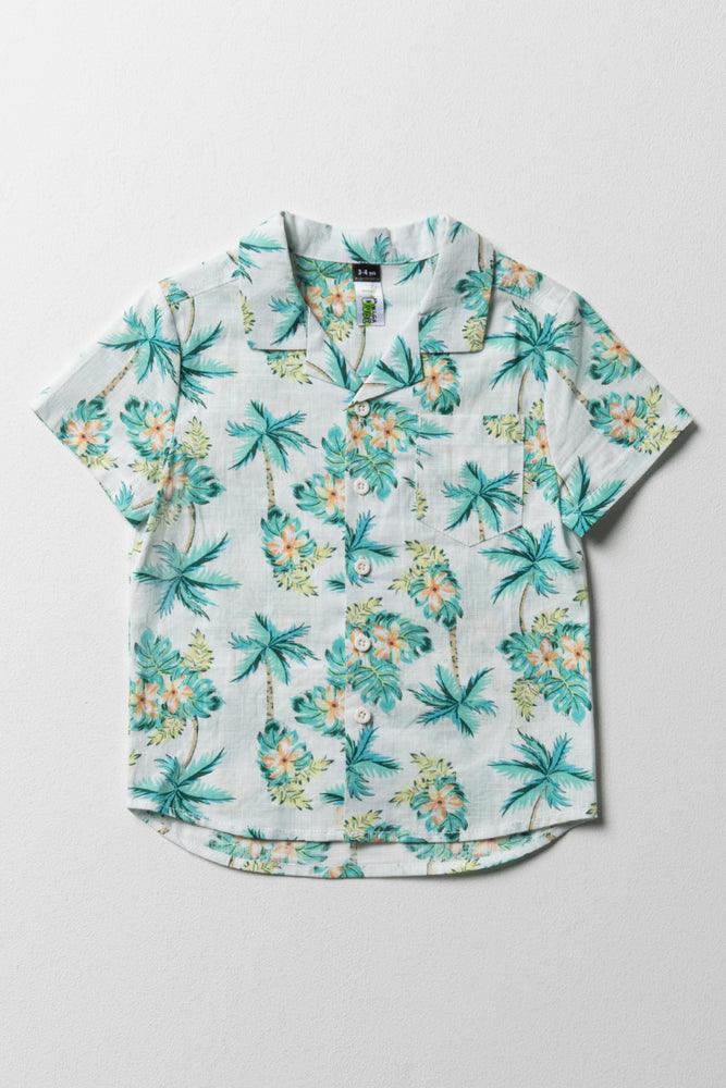 men clothing dress pants-Palm Tree Short Sleeve Shirt White