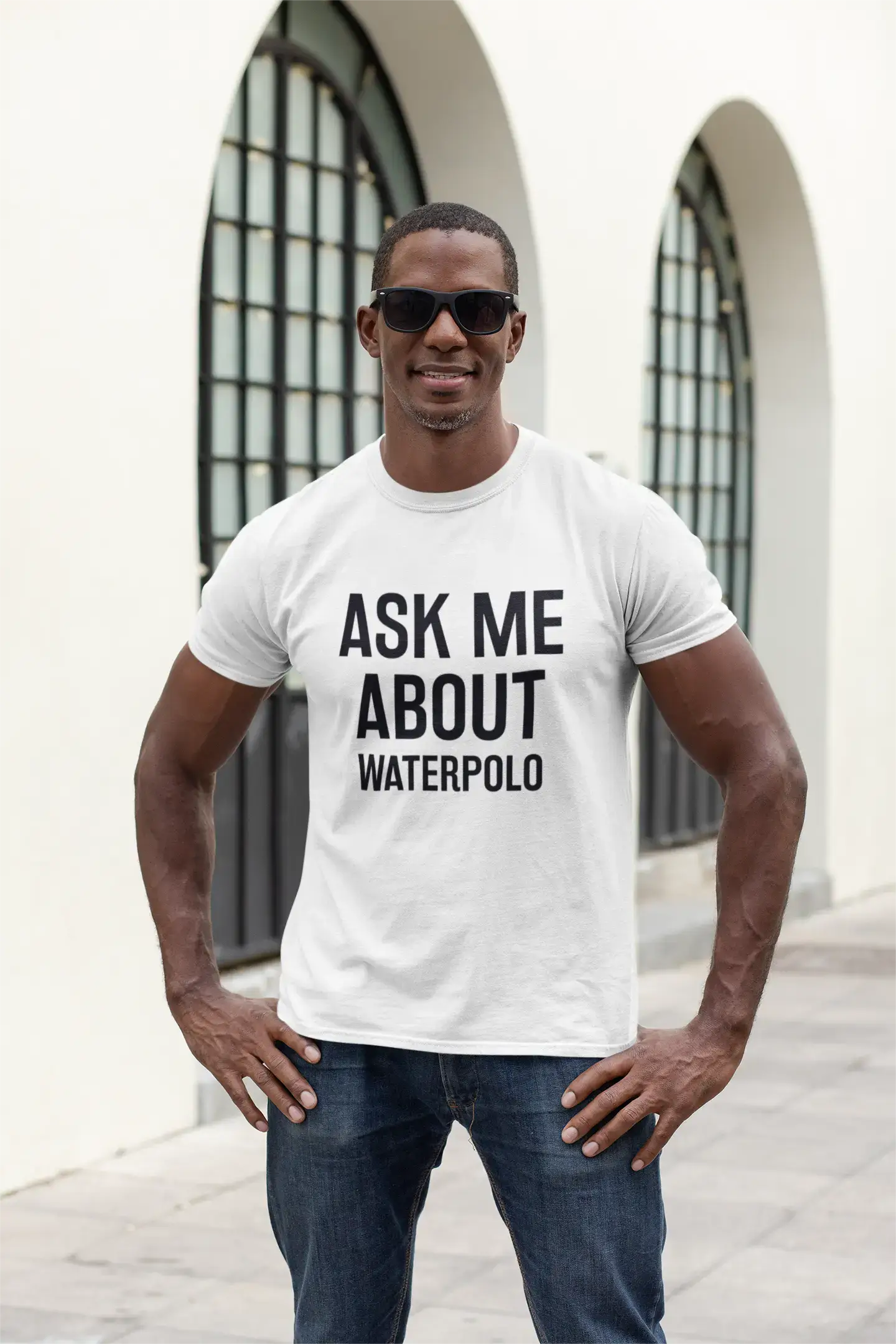 men clothing high-quality t-shirt-Ask me about waterpolo, White, Men's Short Sleeve Round Neck T-shirt 00277