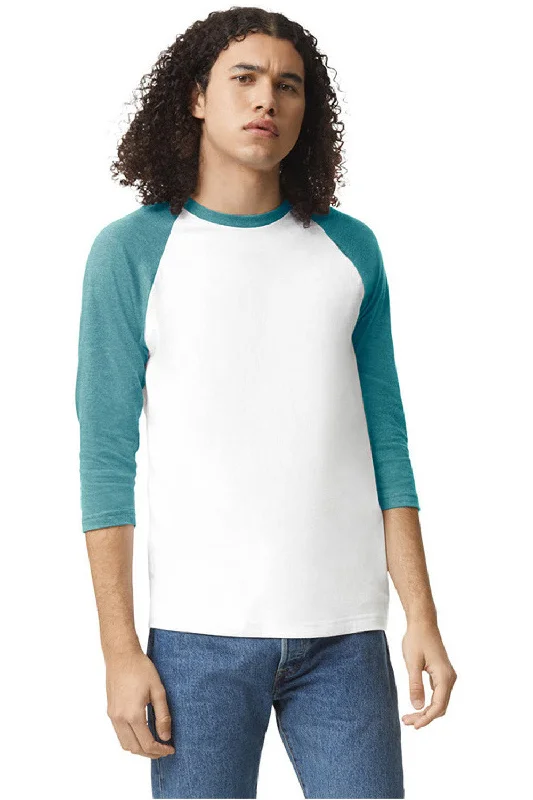 men clothing crew neck t-shirt-American Apparel Mens CVC Raglan 3/4 Sleeve Crewneck T-Shirt - White/Heather Arctic Blue