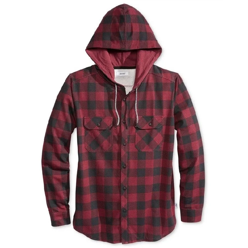 men clothing wool blend coat-Univibe Mens Plaid Hoodie Sweatshirt dburh M - Red