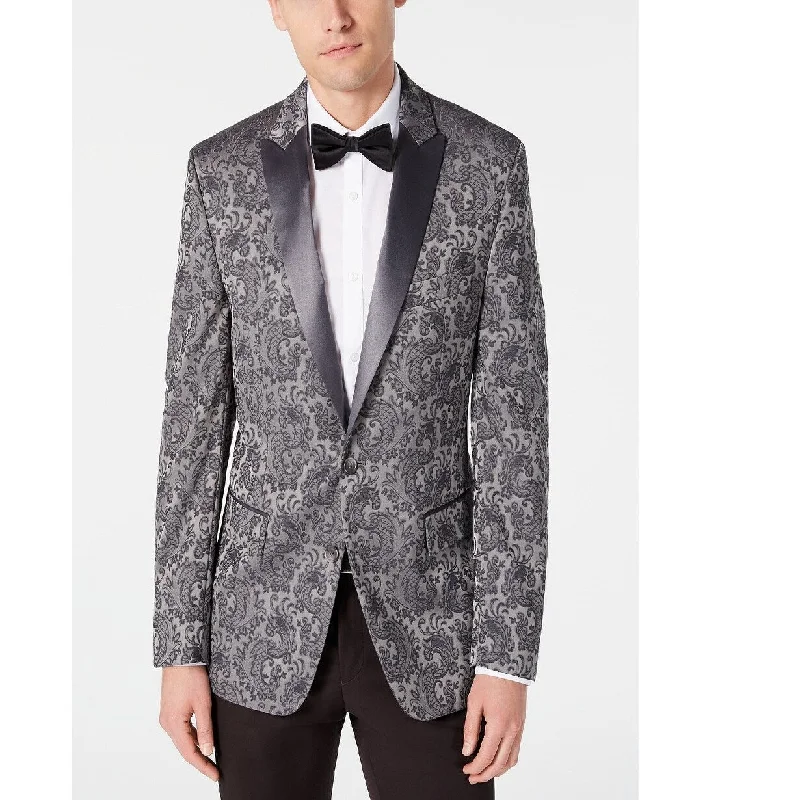 men clothing zip-up hoodie-Ryan Seacrest Distinction Men's Modern-Fit Stretch Silver Paisley Jacquard Dinner Jacket Silver Size 36