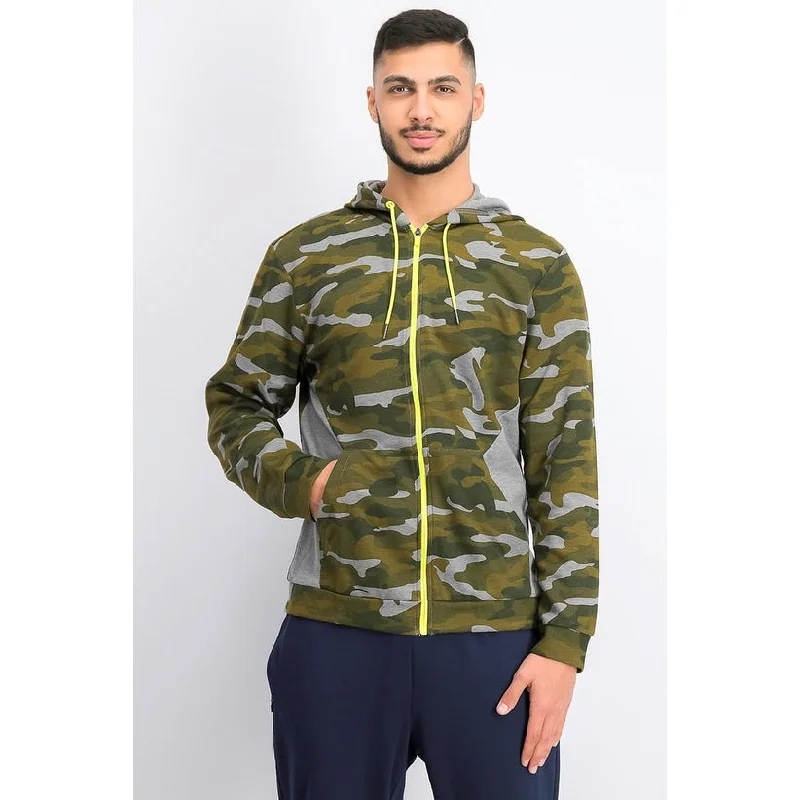 men clothing activewear hoodie-Ideology Men's Colorblocked Camo Jacket Dark Green Size XX-Large