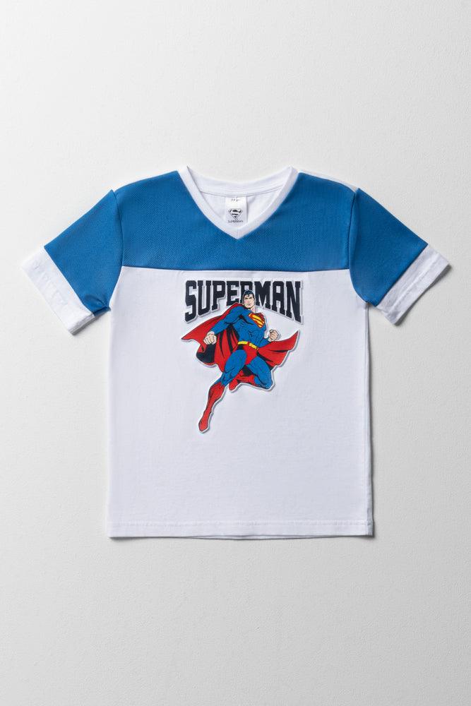 men clothing track pants-Superman V-Neck Short Sleeve T-Shirt White & Blue