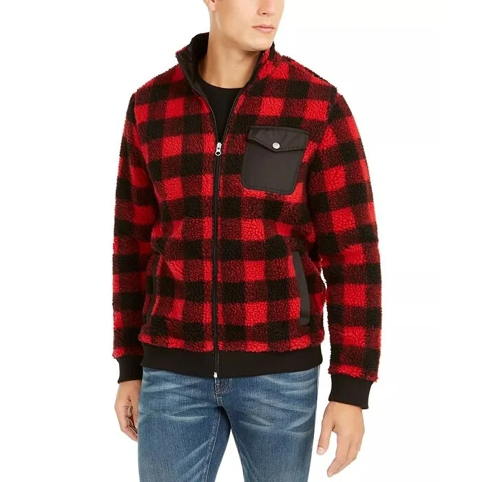 men clothing oversized hoodie-Club Room Men's Full Zip Plaid Sherpa Jacket Red Size Large