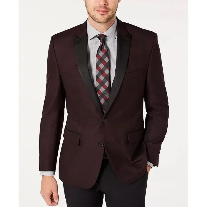 men clothing lightweight jacket-Ryan Seacrest Distinction Men's Modern-Fit Burgundy Plaid Dinner Jacket Dark Red Size 36