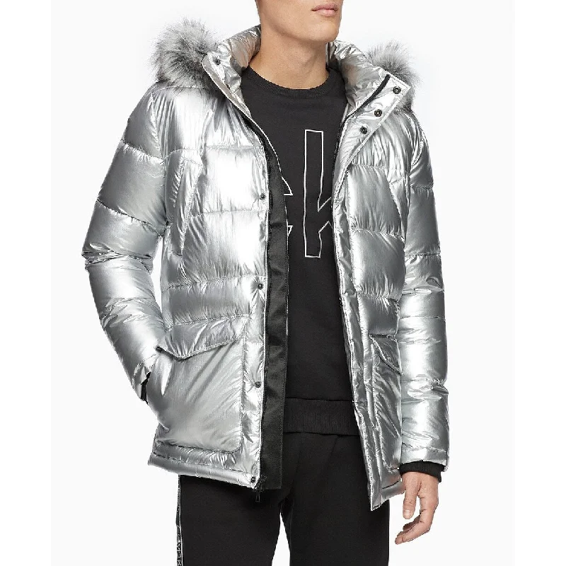 men clothing graphic t-shirt-Calvin Klein Men's Metallic Puffer Parka With Faux-Fur Trim Silver Size Extra Small