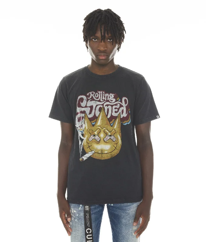 men clothing crew neck t-shirt-SHORT SLEEVE CREW NECK TEE "ROLLING STONED" IN BLACK/AC DC WASH