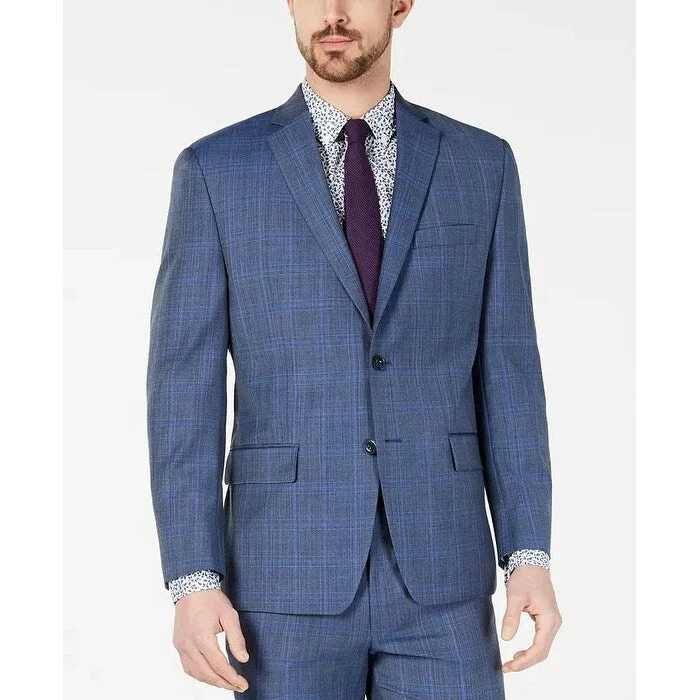 men clothing wool blend coat-Michael Kors Men's Classic-Fit Airsoft Plaid Windowpane Suit Jacket Blue Size 48