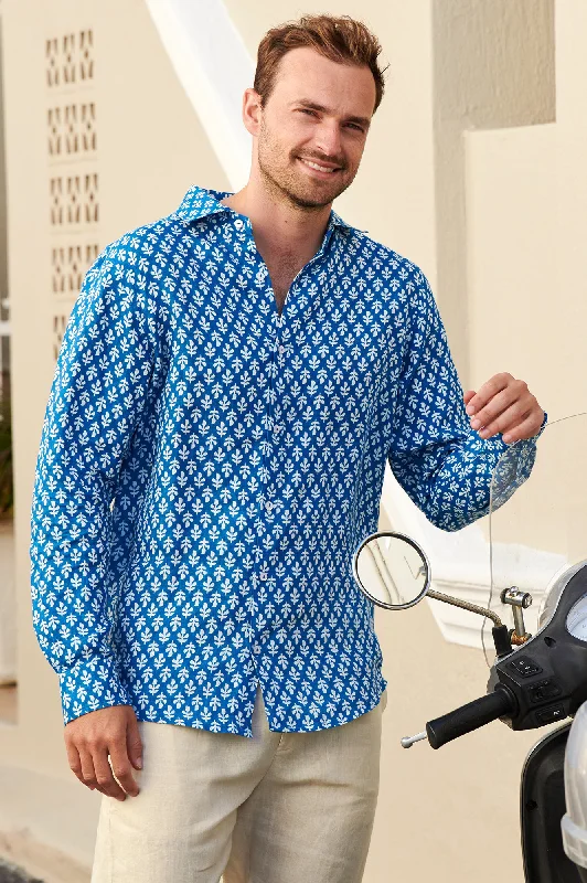 men clothing winter sweater-Men's Printed Linen Shirt | Trident Marina Blue/White