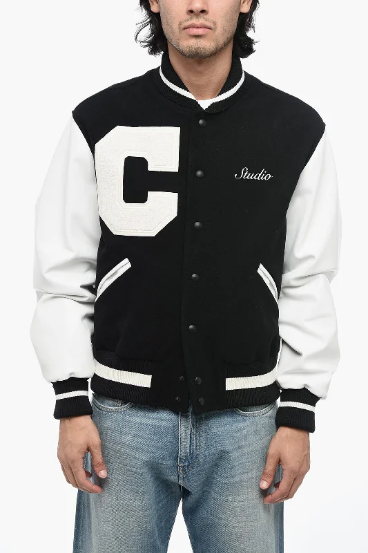 men clothing fall fashion trends-1989 Studio Wool Logoed Bomber with Leather Sleeves