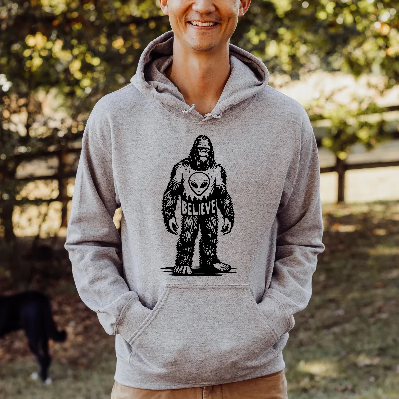 men clothing casual chinos-Bigfoot Believes in Aliens Gildan Crewneck or Hoodie Sweatshirt *UNISEX FIT*