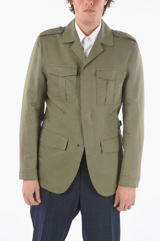 men clothing lightweight jacket-Corneliani CC COLLECTION Hidden Closure Flax and Cotton Utility Jacket