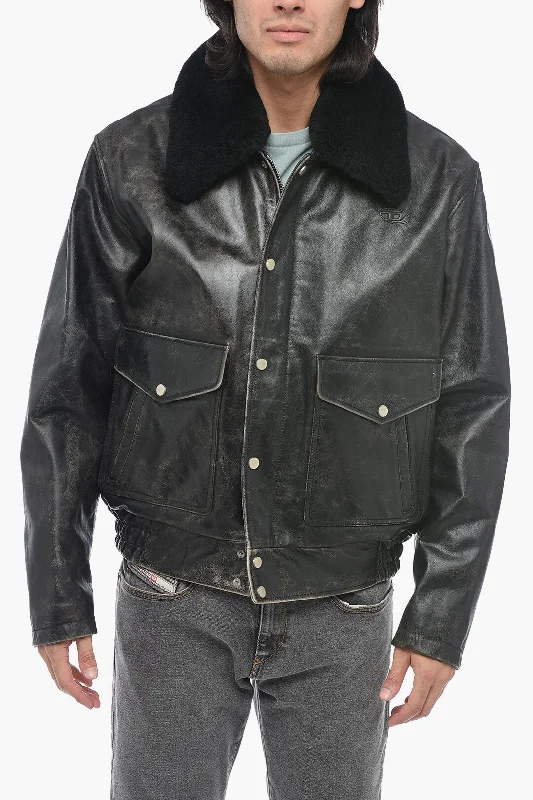 men clothing short pants-Diesel Craquelé Leather L-MUDS Jacket with Fur Collar