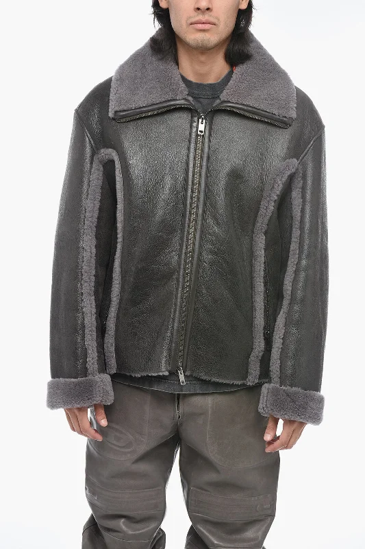 men clothing puffer jacket-Diesel Leather L-BROWNY Oversized Jacket with Fur Detail