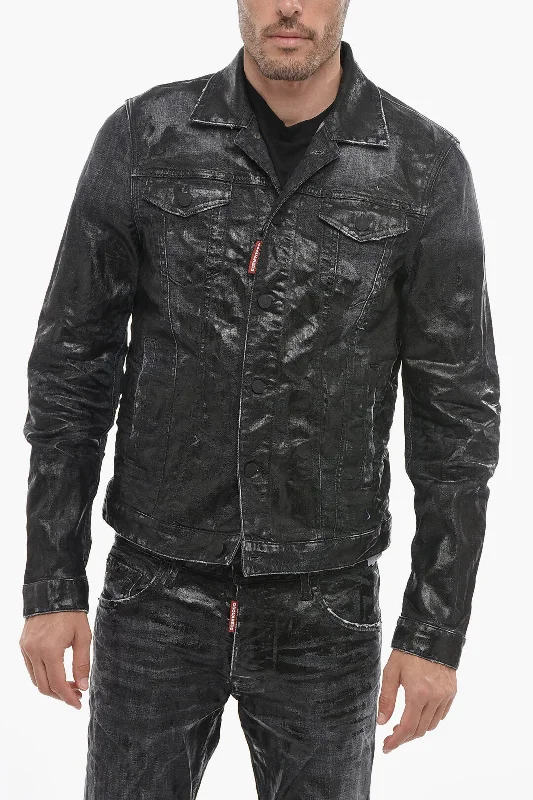 men clothing formal wear-Dsquared2 Coated Denim Jacket with Distressed Detail