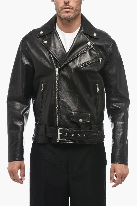 men clothing stylish outerwear-Palm Angels Printed Logo SLEEK Leather Biker Jacket