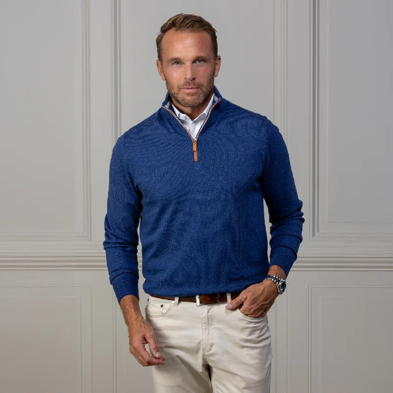 men clothing casual blazer-Indigo with Brown Suede Trim Luxury Touch Cotton and Cashmere Quarter Zip Sweater