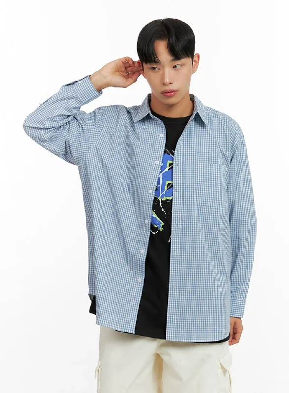 men clothing crew neck t-shirt-Men's Gingham Cotton Collared Shirt IU412