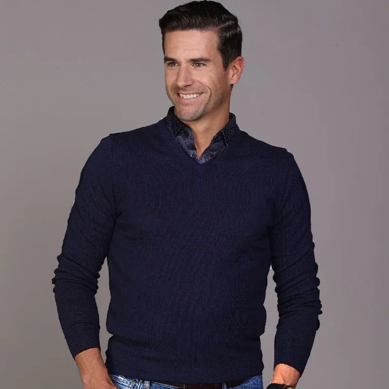 men clothing zippered sweater-Navy Luxury Touch Cotton and Cashmere V-Neck Sweater