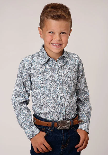 men clothing fleece-lined pants-Boy's Roper Snap Front Shirt #03-030-0064-4042BU