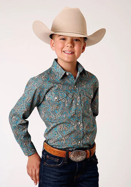 men clothing patterned trousers-Boy's Roper Snap Front Shirt #03-030-0225-4010