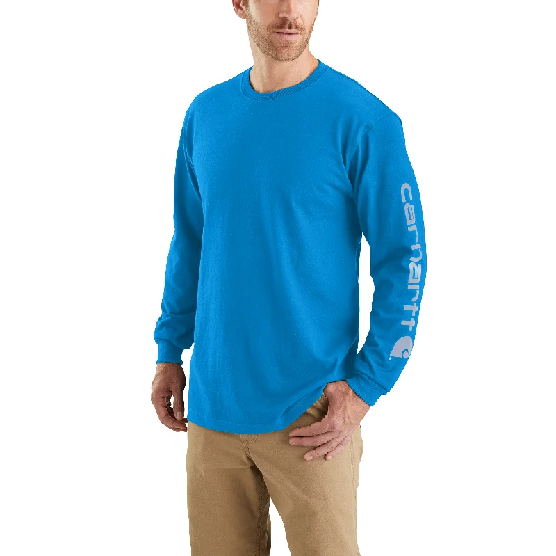 men clothing vintage t-shirt-Carhartt Men's Signature Logo Long Sleeve T-Shirt_Blue Glow