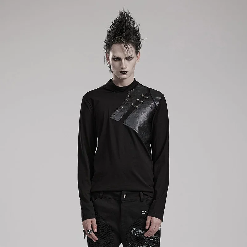 men clothing pullover sweater-Men's Punk Faux Leather Splice Shirt