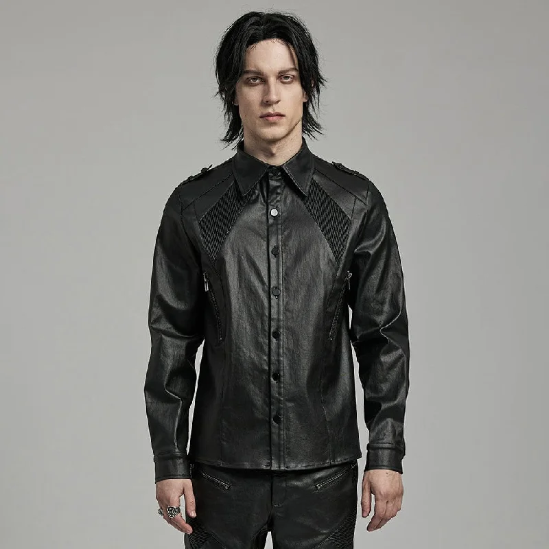 men clothing casual jacket-Men's Punk Pleated Zipper Faux Leather Shirt