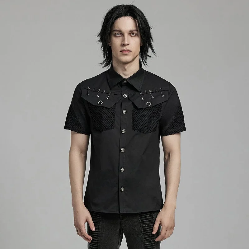 men clothing dress pants-Men's Punk Rock Mesh Splice Pin Shirt