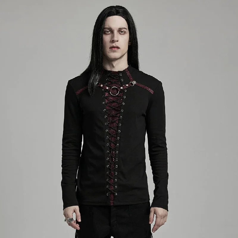 men clothing button-down shirt-Men's Punk Strappy Mesh Splice Black Red Shirt