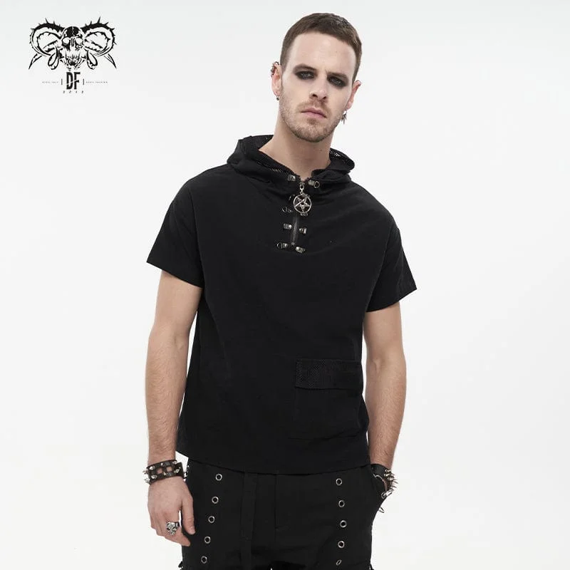 men clothing formal jacket-Men's Punk Strappy Mesh Splice Shirt with Hood