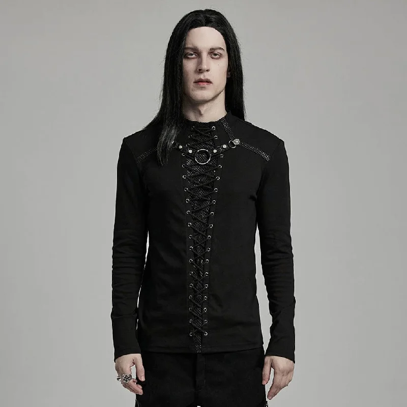 men clothing printed shirt-Men's Punk Strappy Mesh Splice Studded Shirt