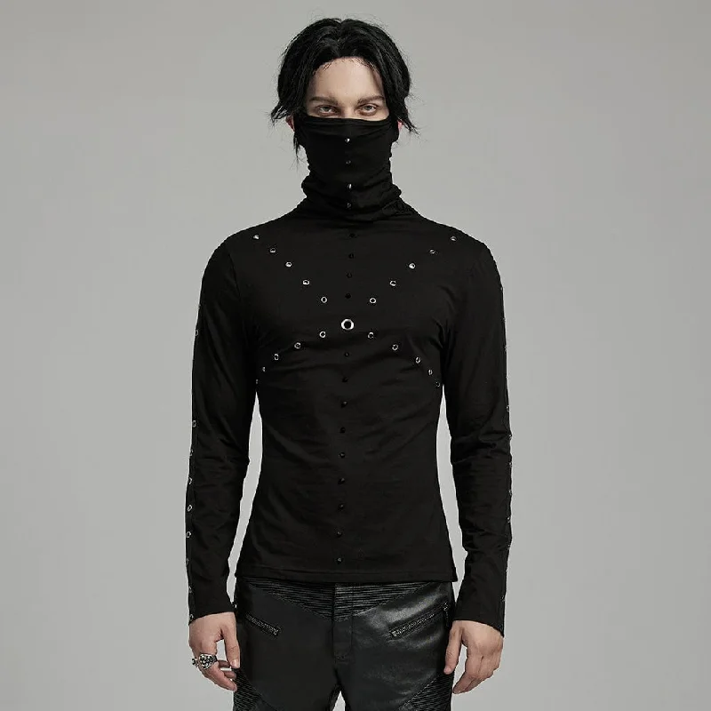 men clothing track pants-Men's Punk Studded Eyelet Shirt with Undetachable Mask