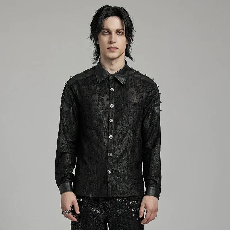 men clothing high-quality t-shirt-Men's Punk Studded Faux Leather Splice Shirt