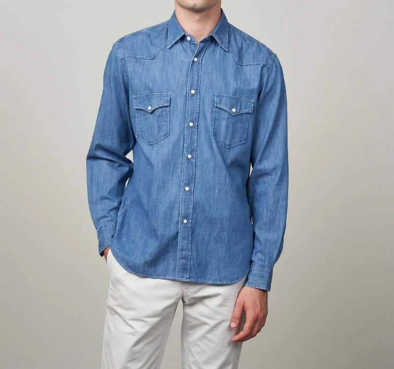 men clothing athletic shorts-Phoenix Denim Button Down Shirt In Indigo Blue