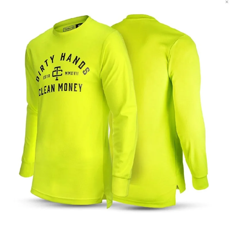 men clothing zip-up cardigan-Troll Co. Men's "Dirty Hands Clean Money" O.G. Long Sleeve Wicking T-Shirt_Bright Lime