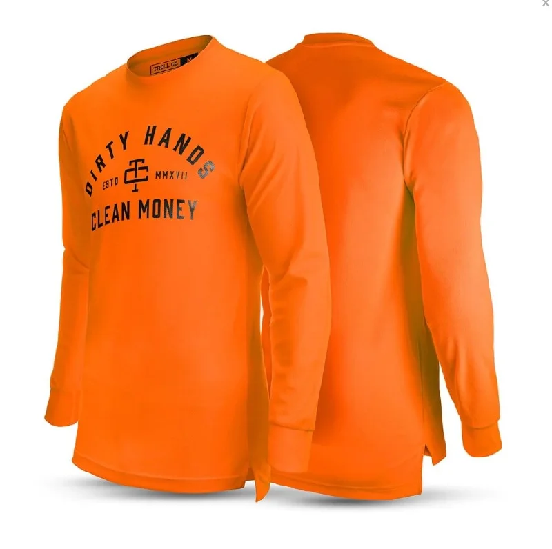 men clothing crew neck t-shirt-Troll Co. Men's "Dirty Hands Clean Money" O.G. Long Sleeve Wicking T-Shirt_Bright Orange